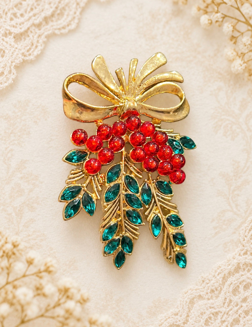 Signed Monet Holiday Berry & Rhinestone Bow Brooch