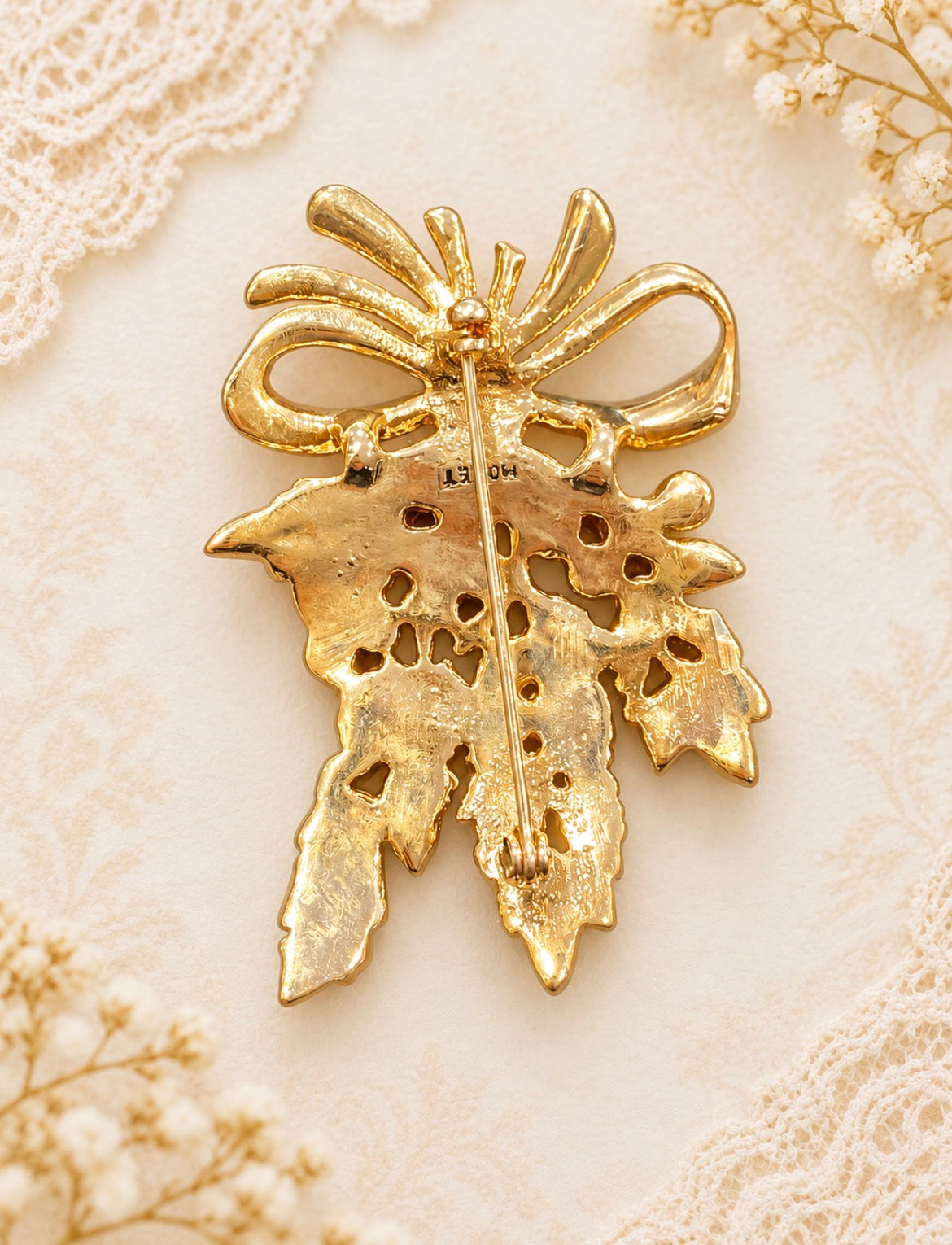 Signed Monet Holiday Berry & Rhinestone Bow Brooch, view 2