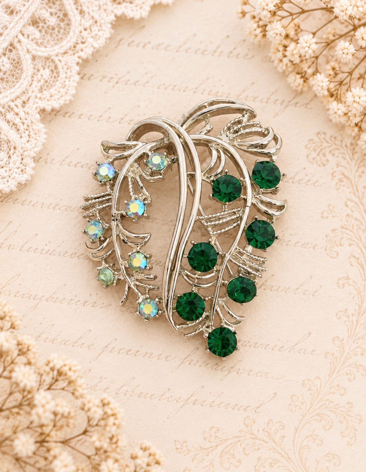 Vintage 1960s Emerald Green & Aurora Borealis Rhinestone Spray Brooch