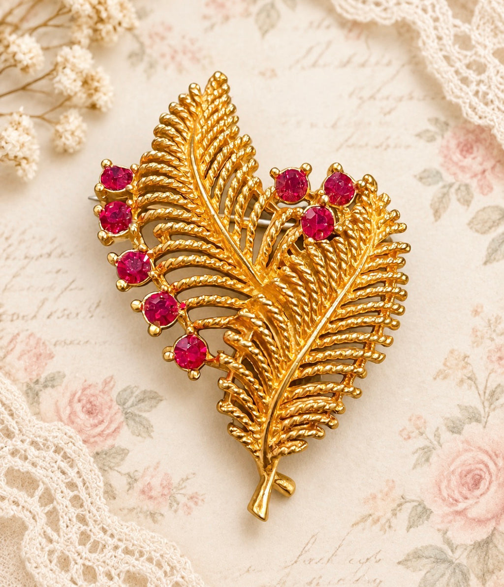 Vintage Gold-Tone Fern & Berry Brooch with Ruby Red Rhinestones