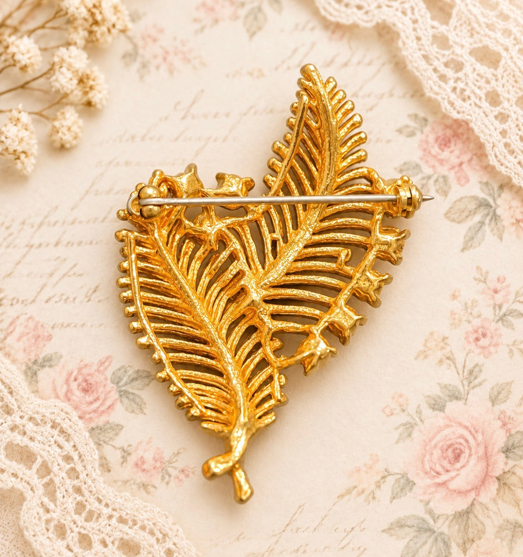 Vintage Gold-Tone Fern & Berry Brooch with Ruby Red Rhinestones, view 2