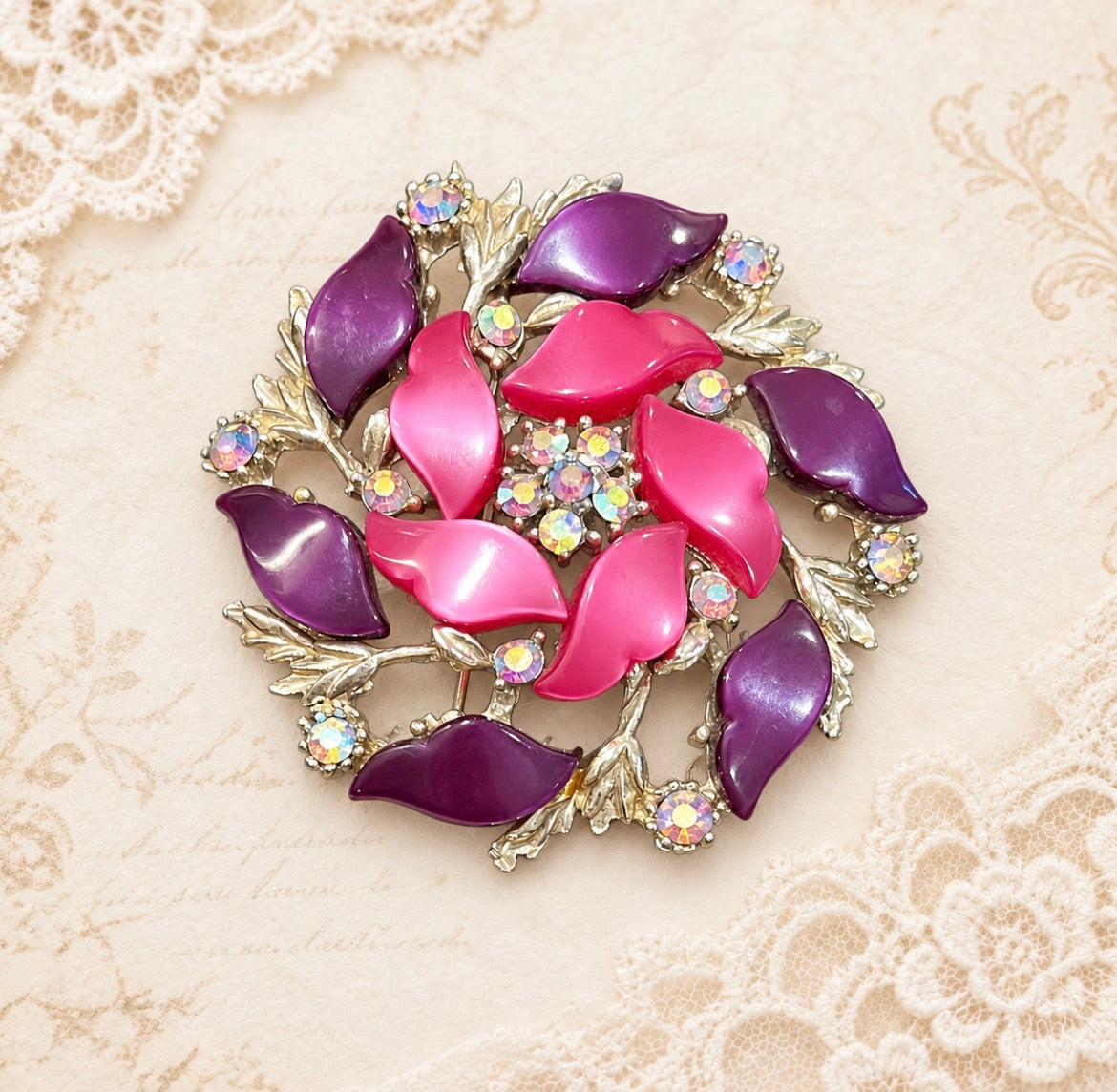 Vintage Pink & Purple Thermoset Floral Brooch with AB Rhinestones