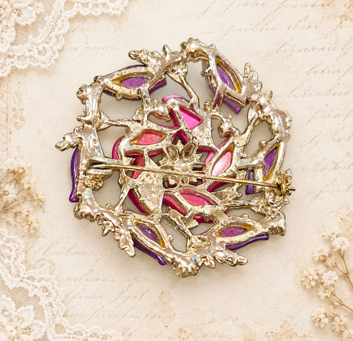 Vintage Pink & Purple Thermoset Floral Brooch with AB Rhinestones, view 2