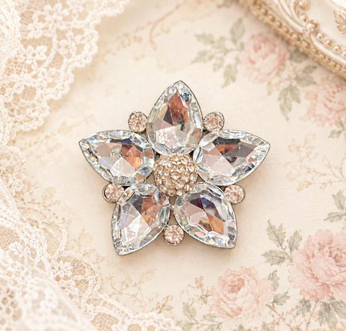 Clear Crystal Five-Petal Flower Brooch with Blush Rhinestone Accents