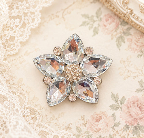 Clear Crystal Five-Petal Flower Brooch with Blush Rhinestone Accents