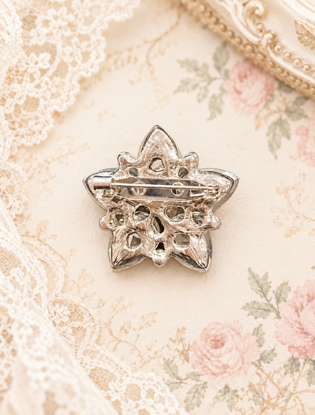 Clear Crystal Five-Petal Flower Brooch with Blush Rhinestone Accents, view 2