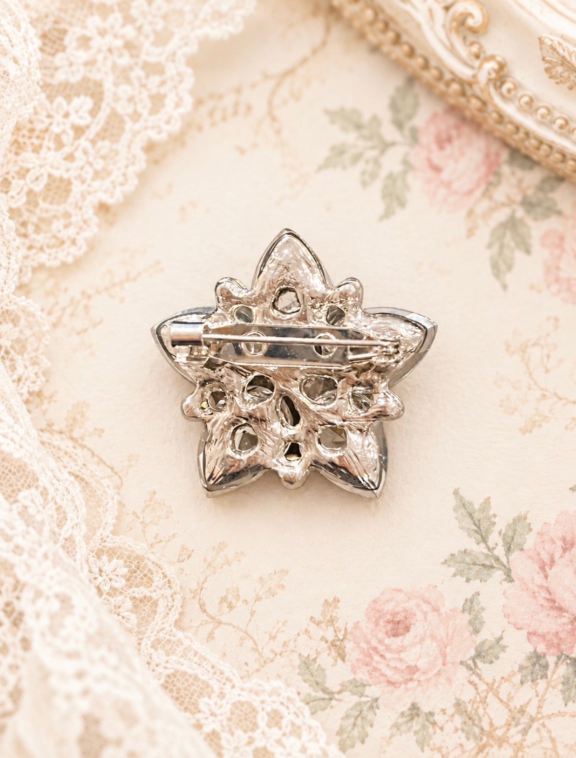 Clear Crystal Five-Petal Flower Brooch with Blush Rhinestone Accents, view 2