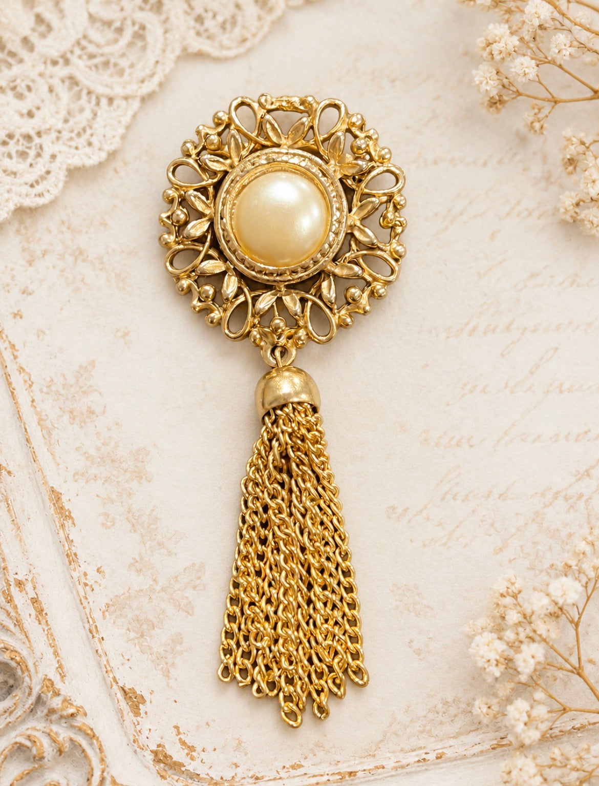 Vintage Victorian Revival Gold-Tone Filigree Pearl Tassel Brooch