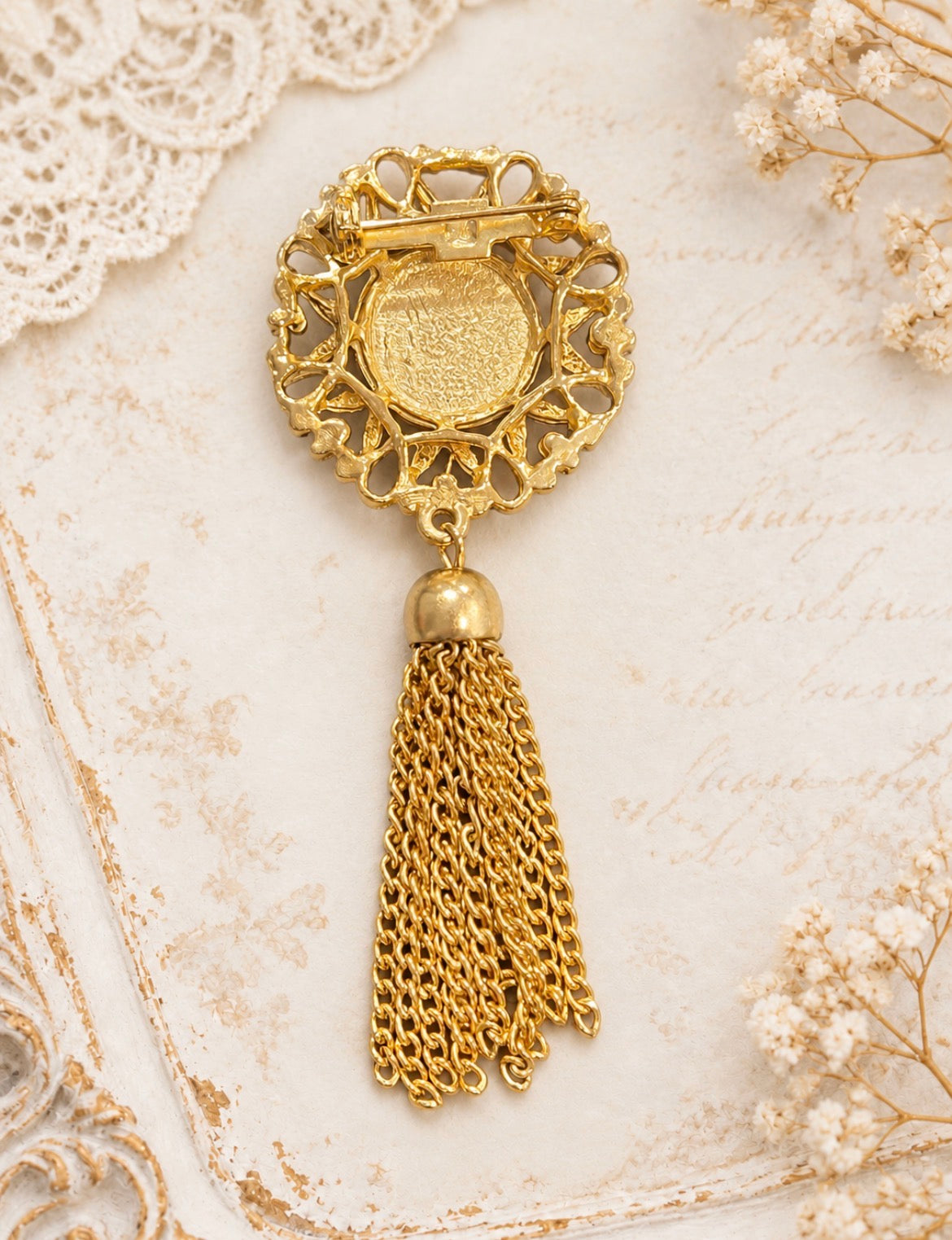 Vintage Victorian Revival Gold-Tone Filigree Pearl Tassel Brooch, view 2