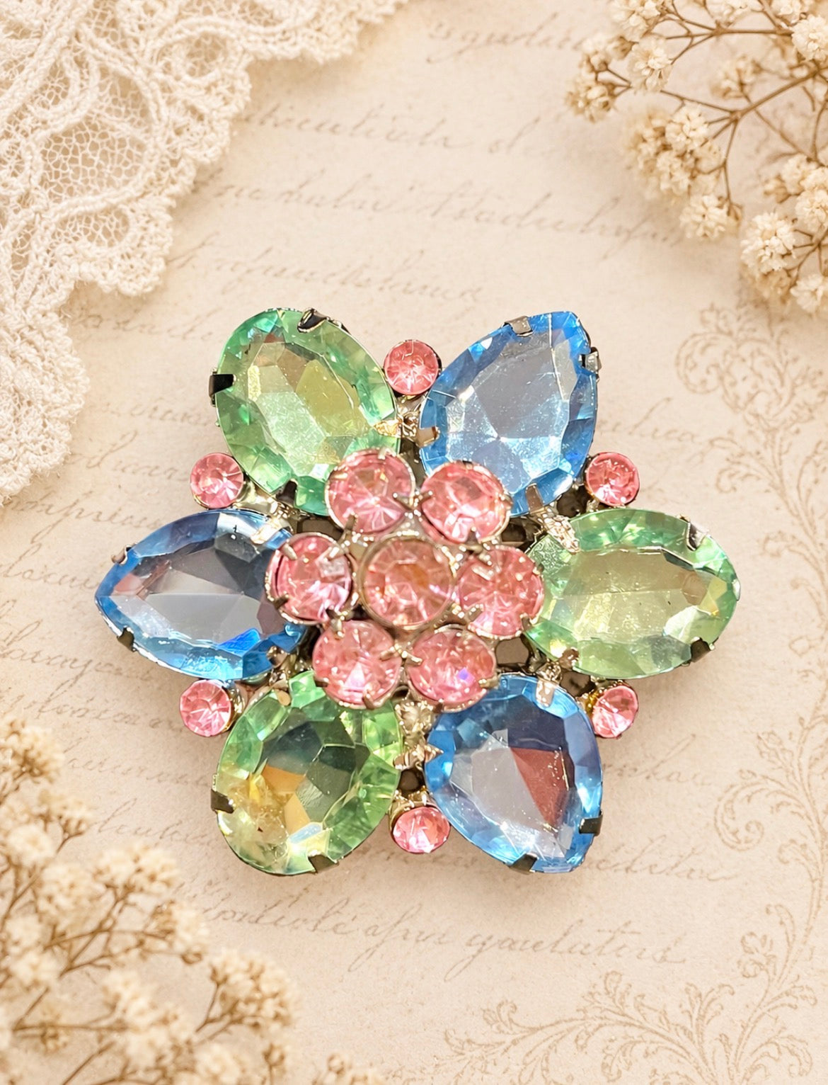 Vintage Pastel Rhinestone Flower Brooch