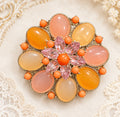 Peach & Coral Cabochon Floral Brooch Pendant with Pink Crystal Flower