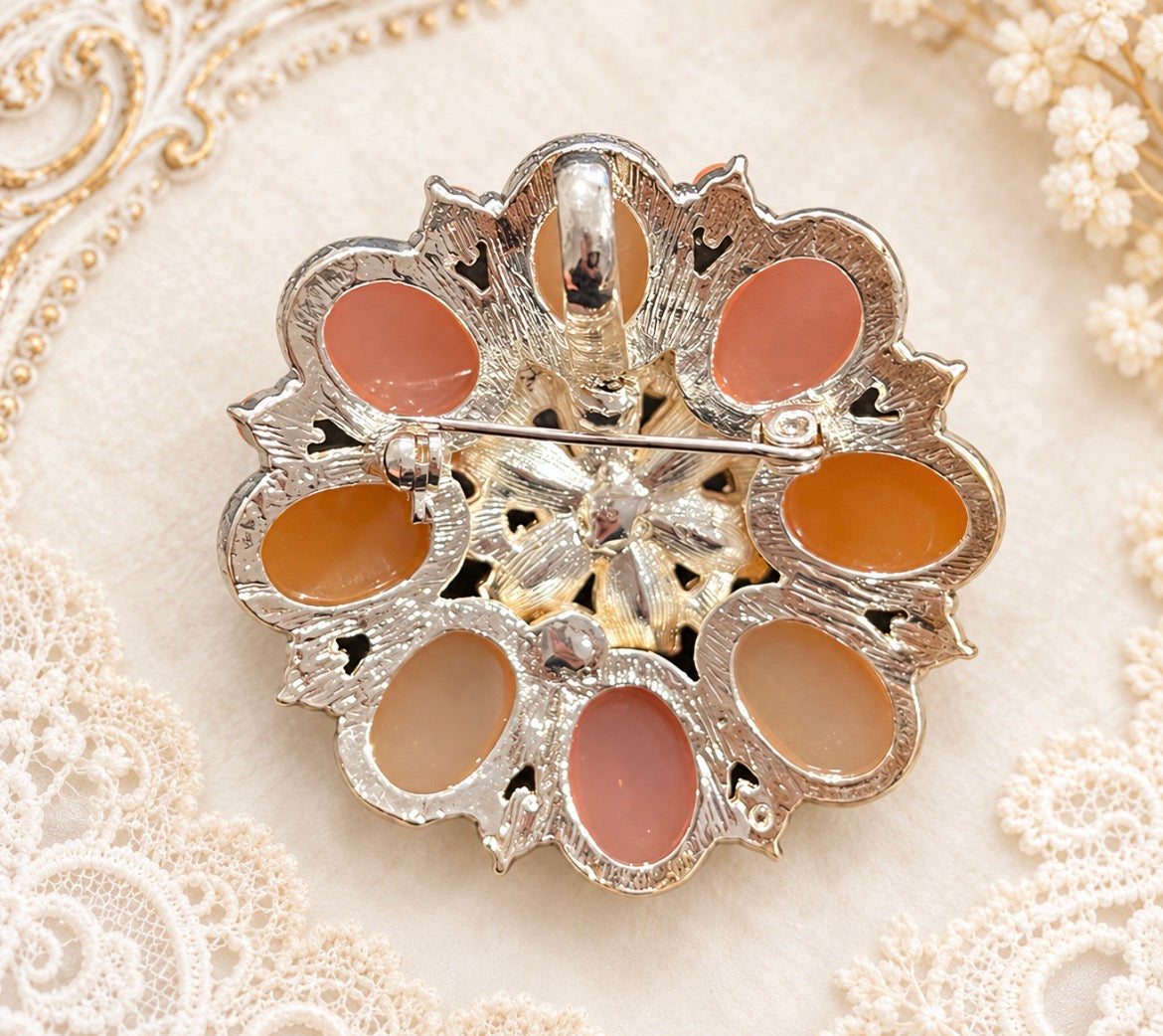 Peach & Coral Cabochon Floral Brooch Pendant with Pink Crystal Flower, view 2