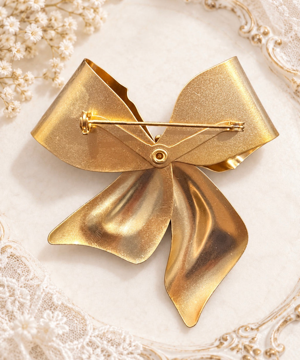 Vintage Gold-Tone Ribbon Bow Brooch with Baguette Crystal Knot, view 2