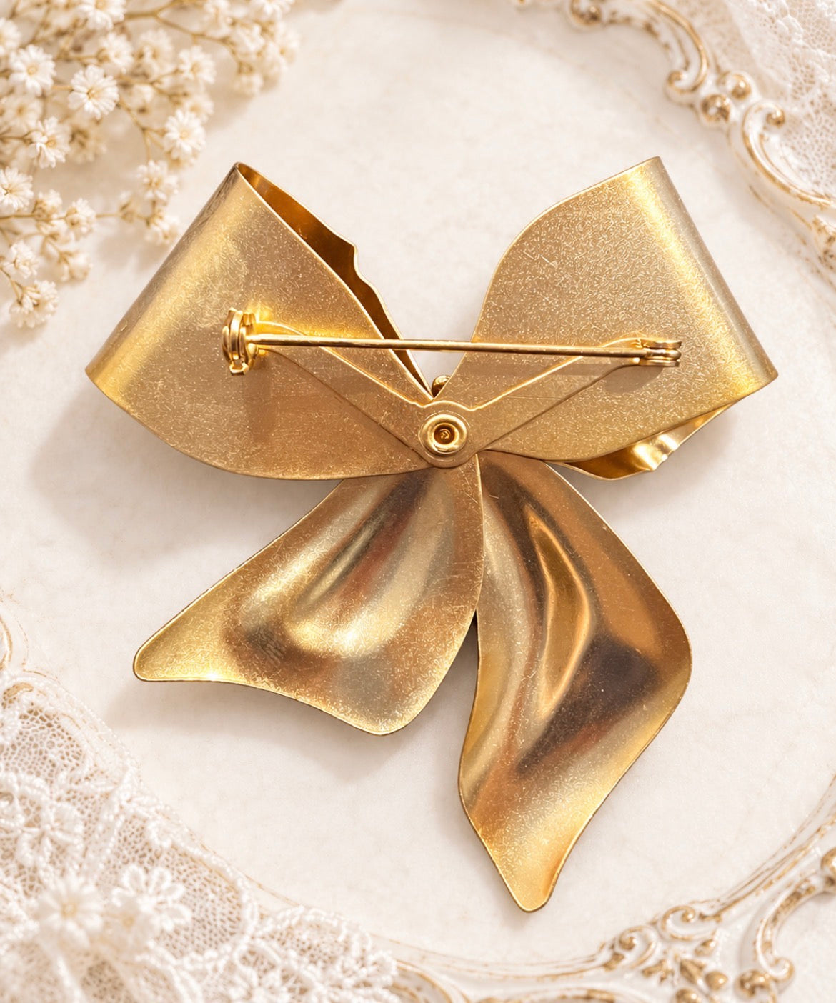 Vintage Gold-Tone Ribbon Bow Brooch with Baguette Crystal Knot, view 2
