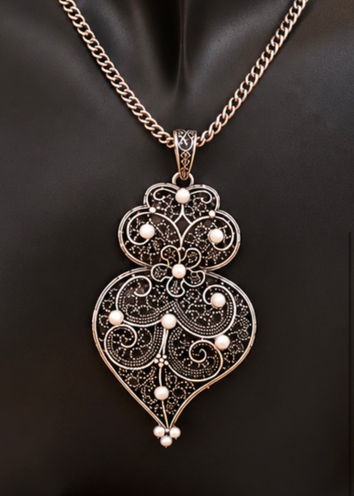 Ornate Filigree & Pearl Statement Pendant Necklace, view 2