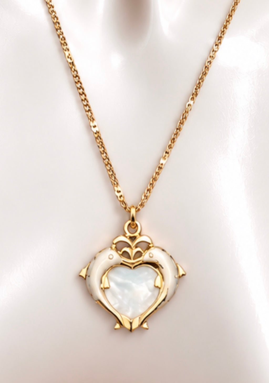 Vintage Gold-Tone Mother-of-Pearl Style Heart Pendant Necklace, view 2