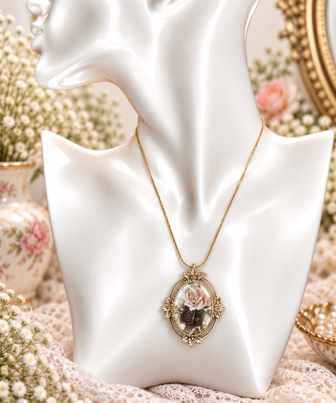 Vintage 1977 Sarah Coventry “Rose Marie” Floral Cameo Pendant Necklace