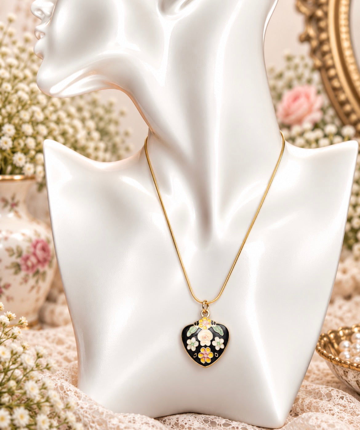 Vintage Black Enamel Floral Heart Pendant Necklace