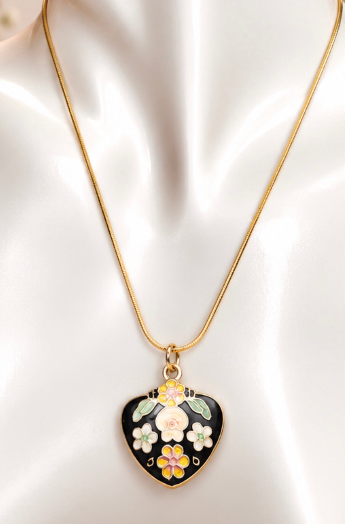 Vintage Black Enamel Floral Heart Pendant Necklace, view 2