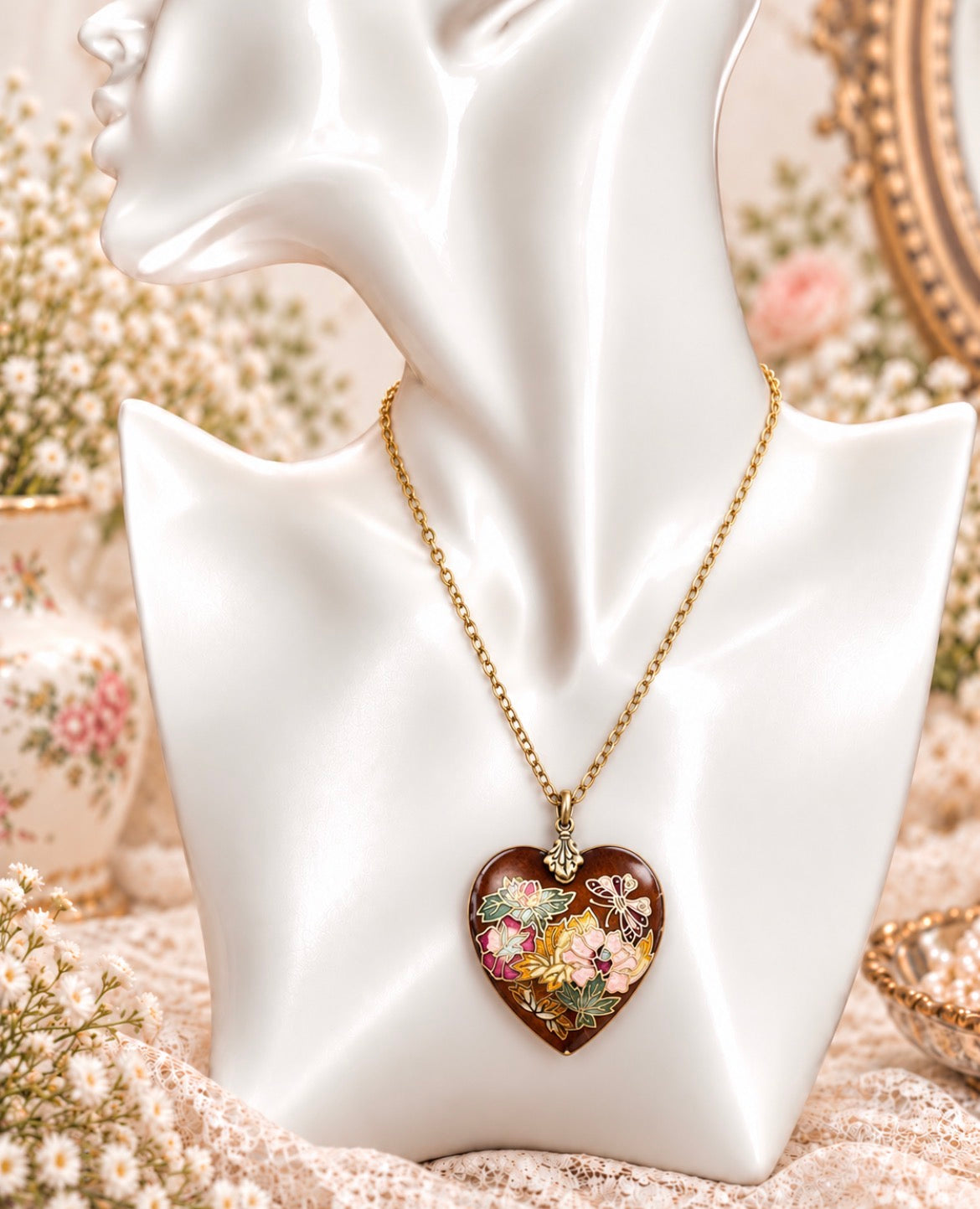 Vintage Cloisonné-Style Floral & Butterfly Heart Pendant Necklace
