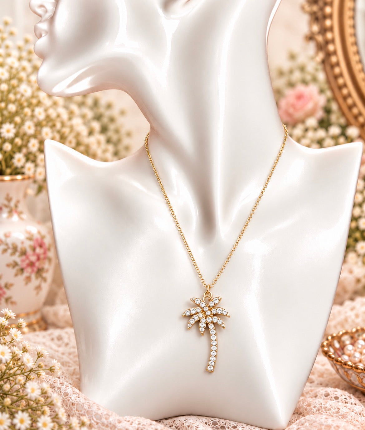 Vintage Silver-Tone Rhinestone Palm Tree Pendant Necklace