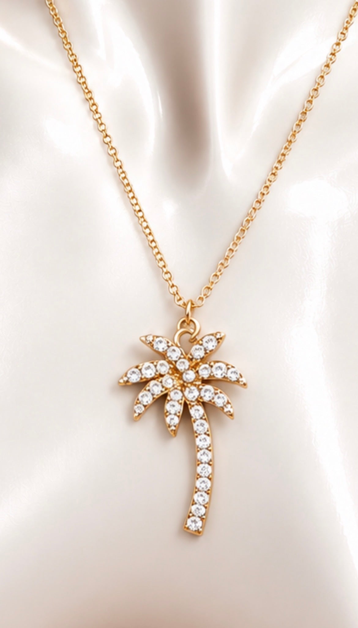 Vintage Silver-Tone Rhinestone Palm Tree Pendant Necklace, view 2