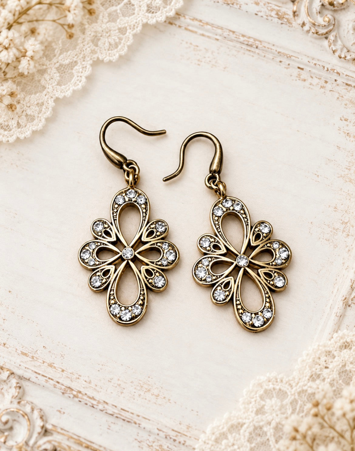 Vintage Monet Gold-Tone Crystal Floral Drop Earrings