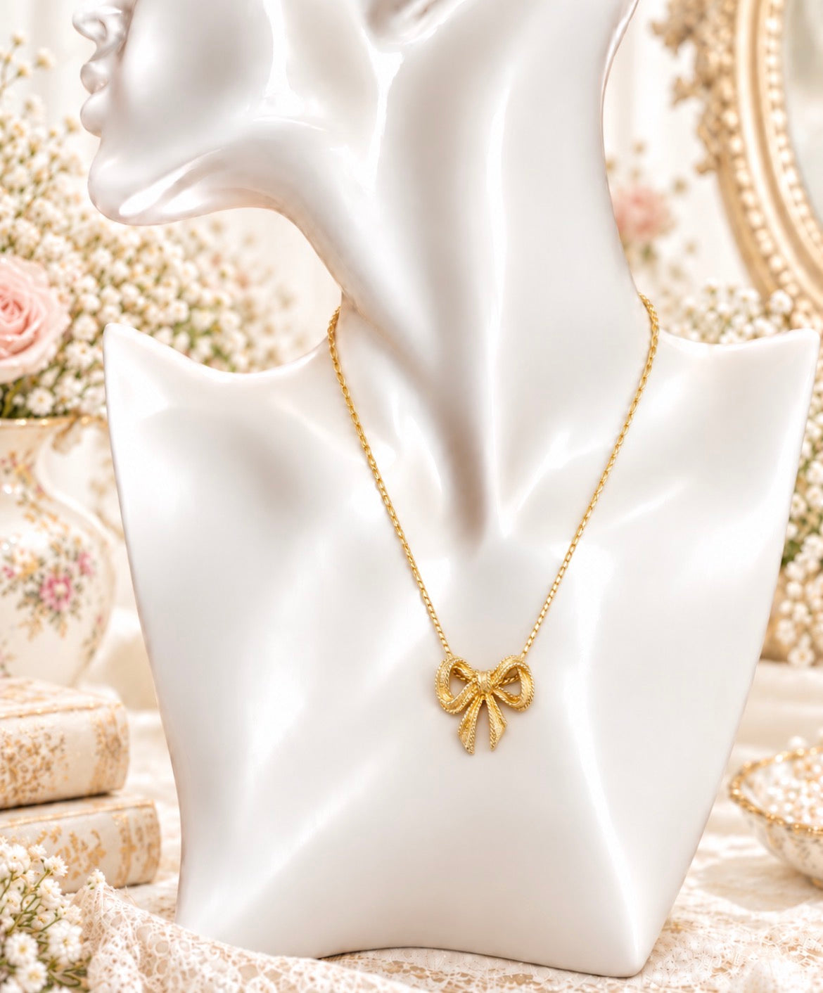 Vintage Avon Gold-Tone Textured Bow Pendant Necklace
