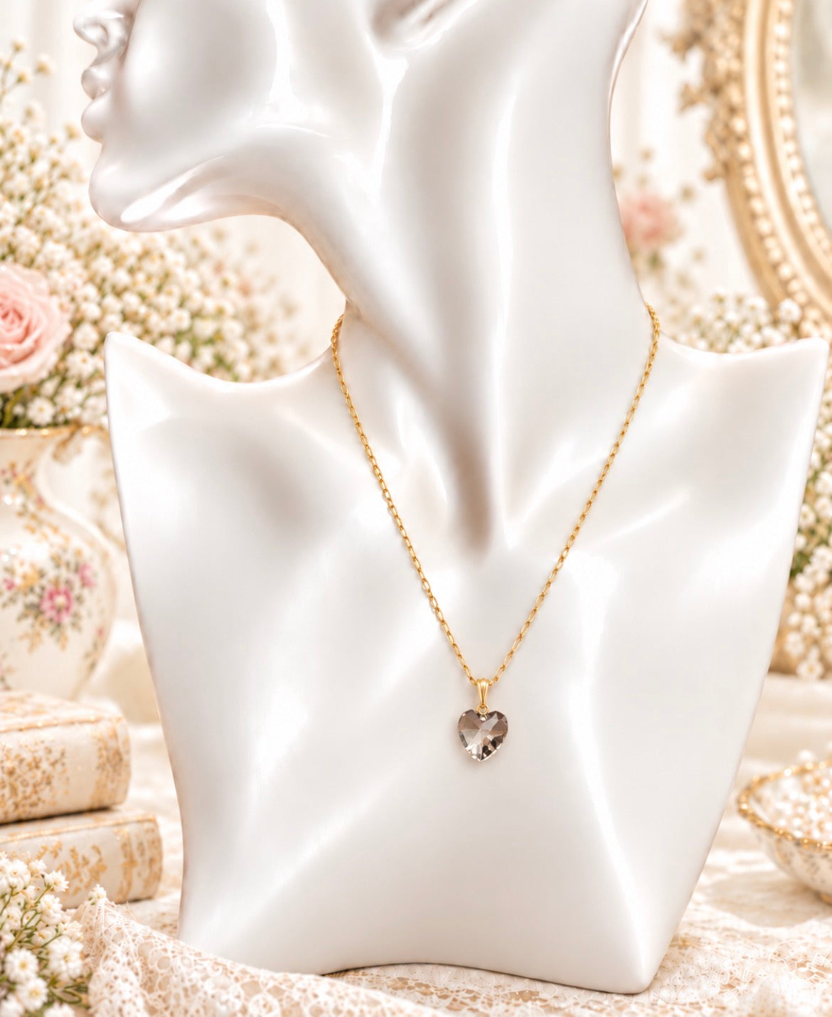 Vintage Avon Gold-Tone Faceted Crystal Heart Pendant Necklace