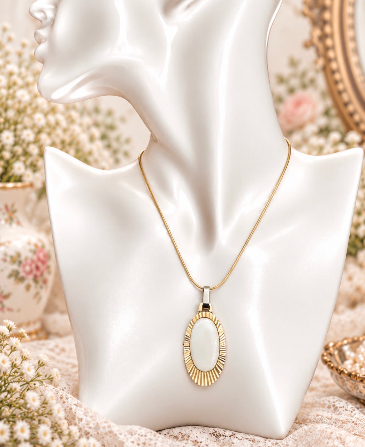 Vintage Avon Gold-Tone Ivory Cabochon Sunburst Pendant Necklace