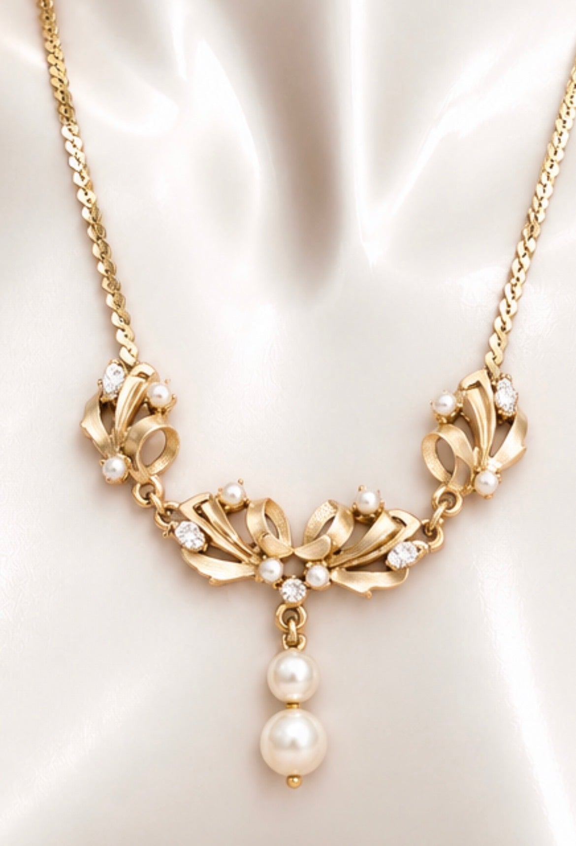 Vintage Gold-Tone Faux Pearl & Crystal Floral Drop Necklace, view 2