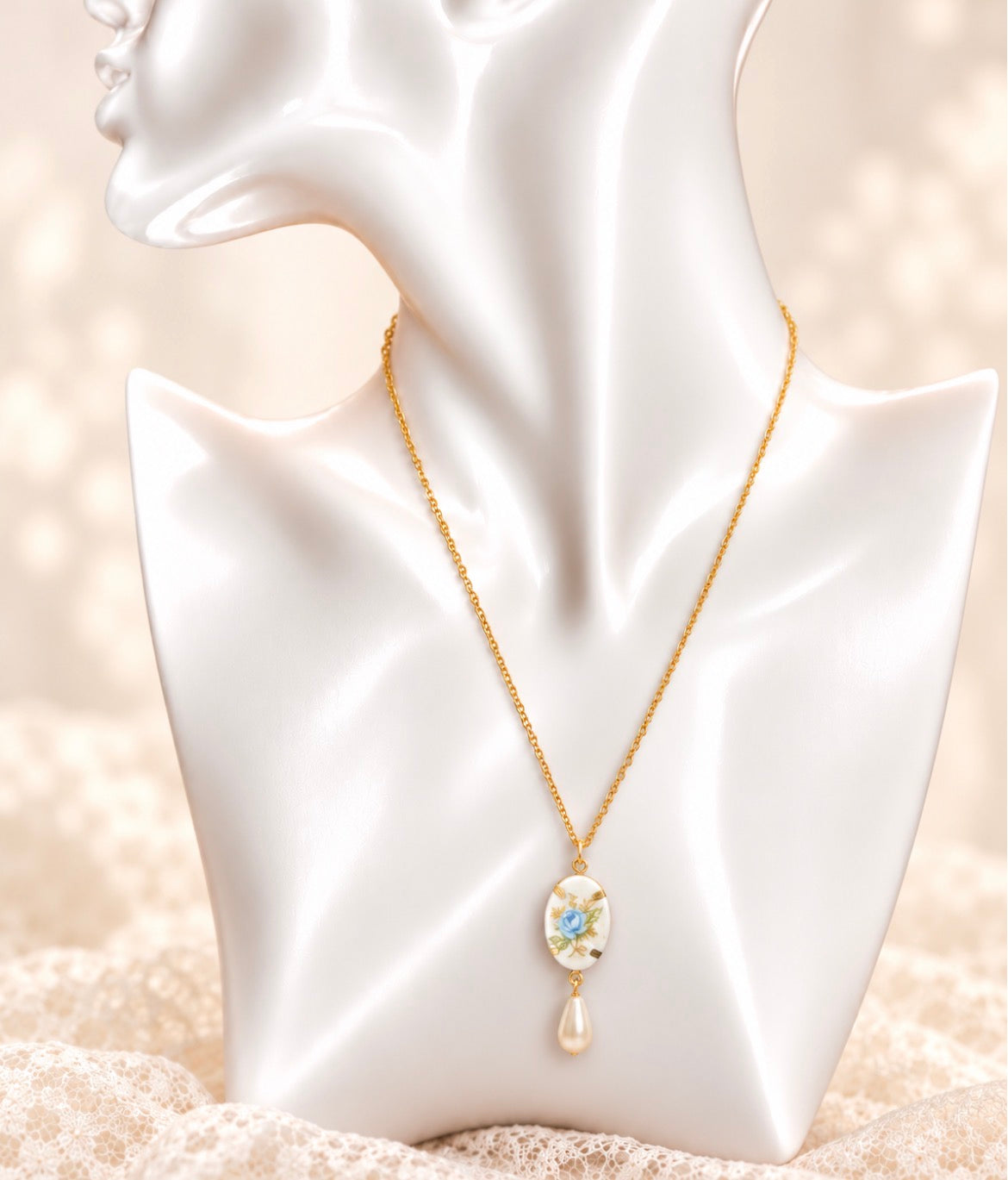 Vintage Blue Rose Porcelain Pendant Necklace with Pearl Drop