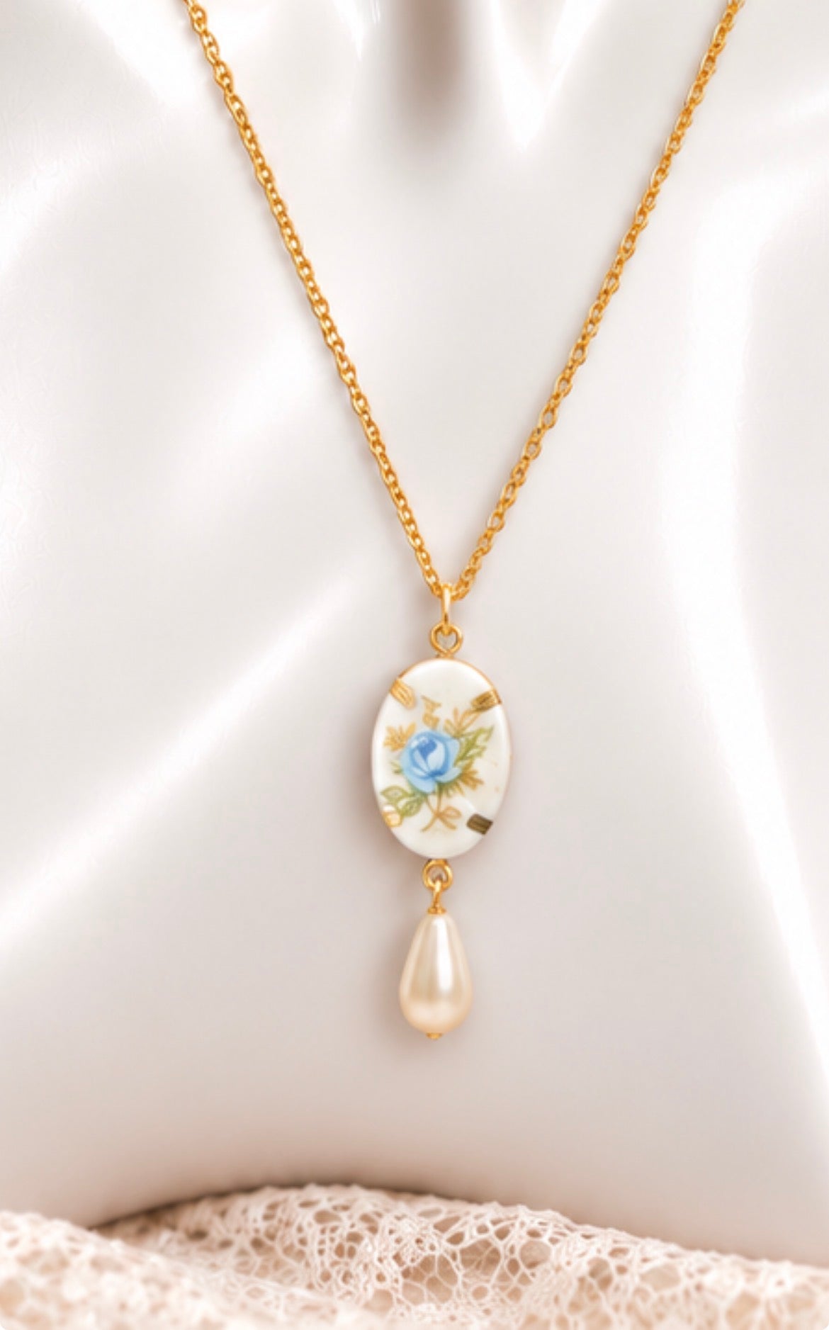Vintage Blue Rose Porcelain Pendant Necklace with Pearl Drop, view 2
