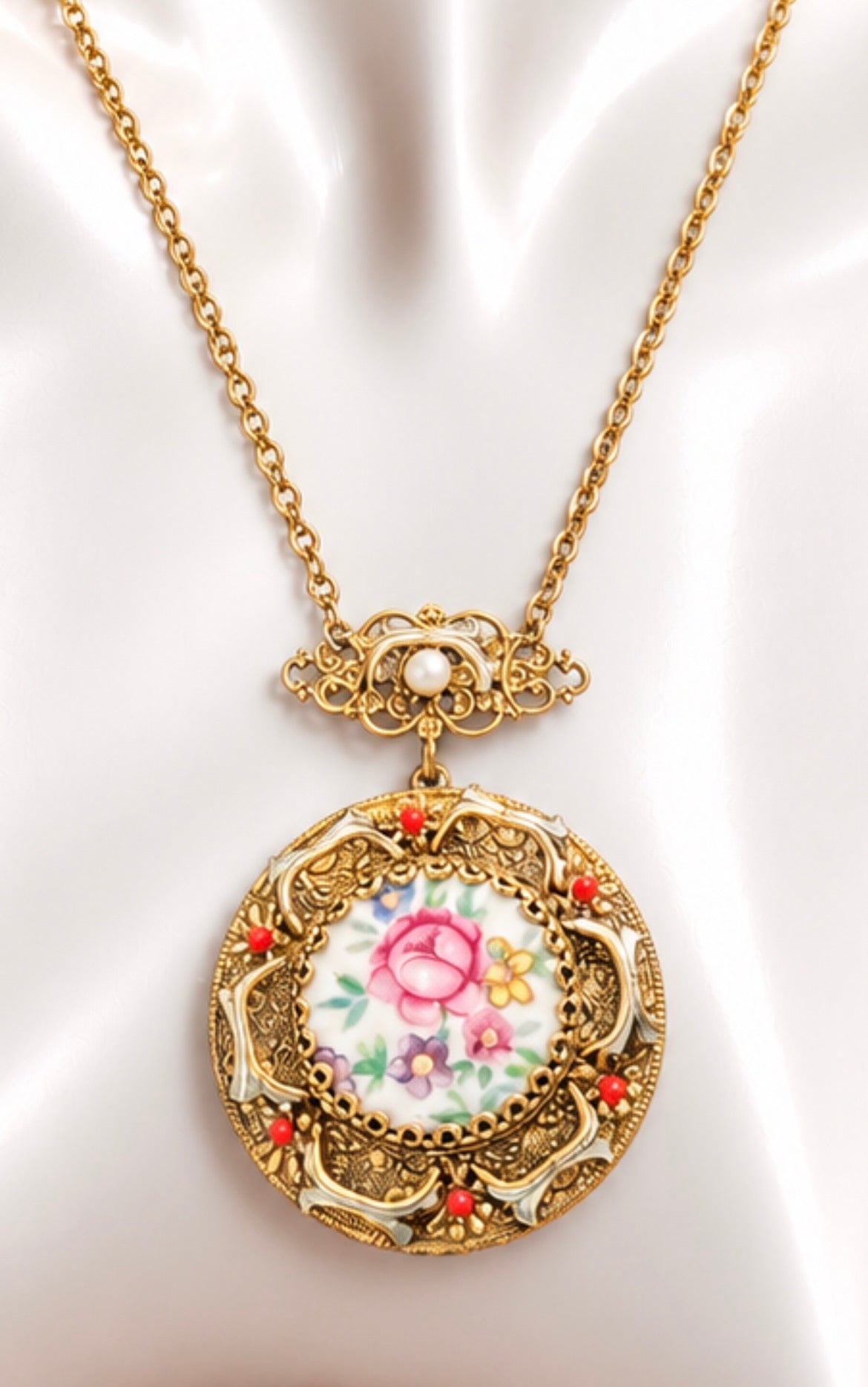 Vintage Austrian Filigree Floral Porcelain Medallion Necklace, view 2