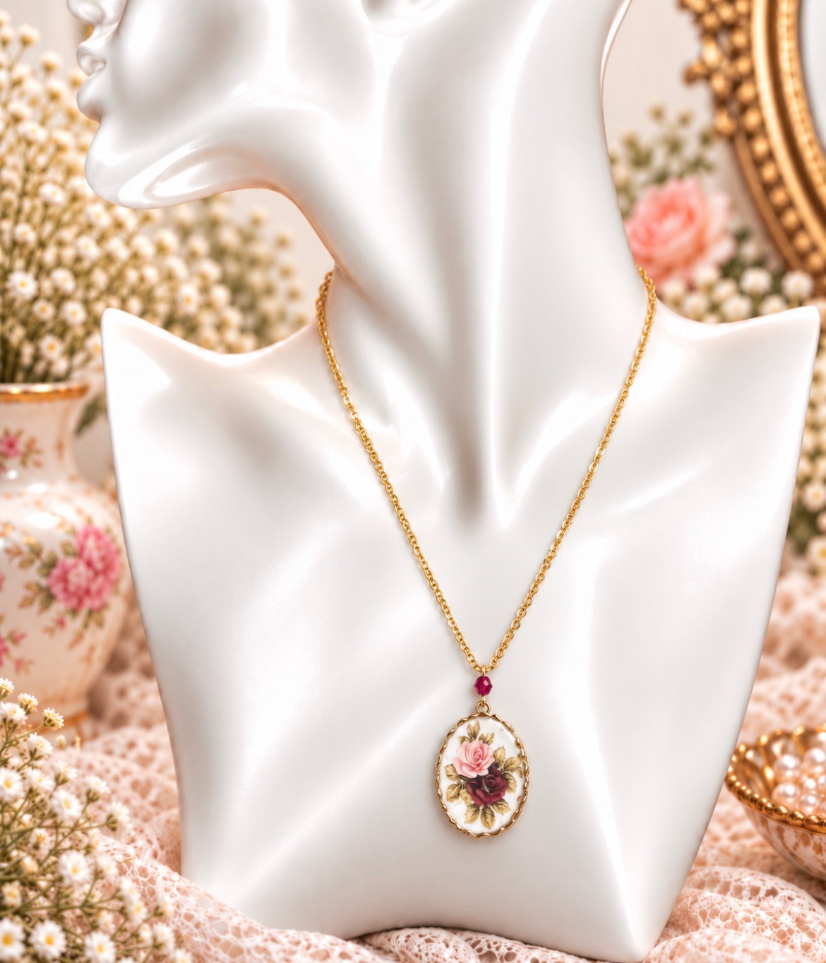 Vintage Floral Porcelain Rose Pendant Necklace with Ruby-Tone Accent