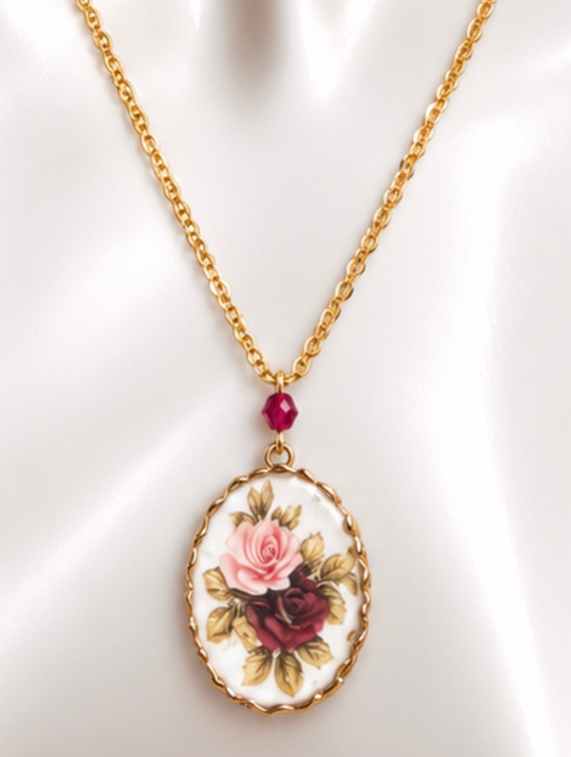 Vintage Floral Porcelain Rose Pendant Necklace with Ruby-Tone Accent, view 2