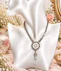 Vintage Austrian Crystal Button Medallion Necklace with Crystal Drop