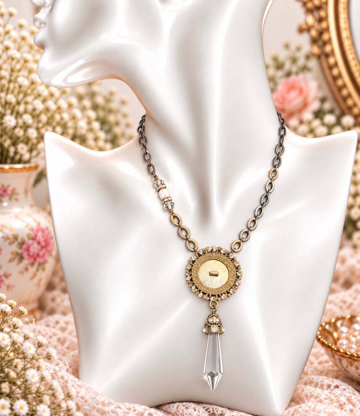 Vintage Austrian Crystal Button Medallion Necklace with Crystal Drop, view 2