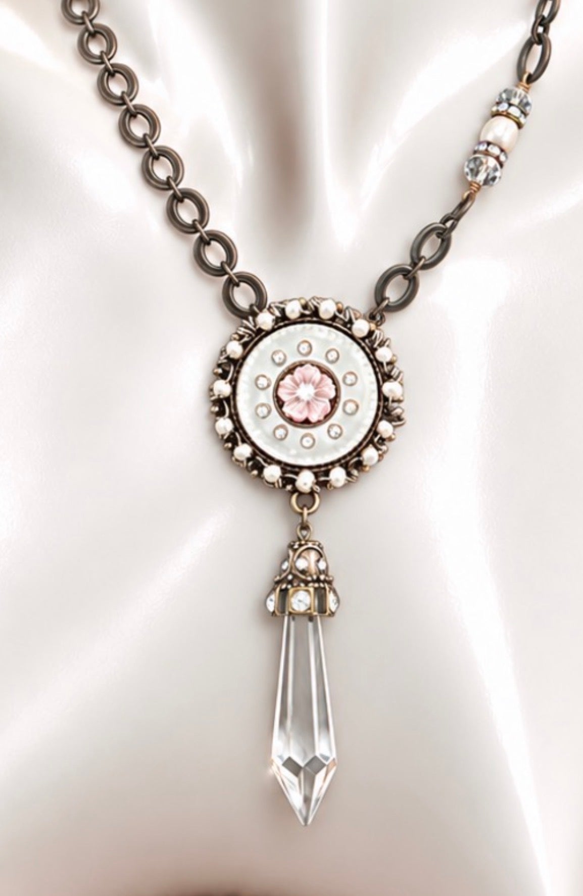 Vintage Austrian Crystal Button Medallion Necklace with Crystal Drop, view 3