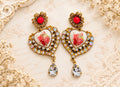 Vintage-Inspired Rose Heart Rhinestone Statement Drop Earrings