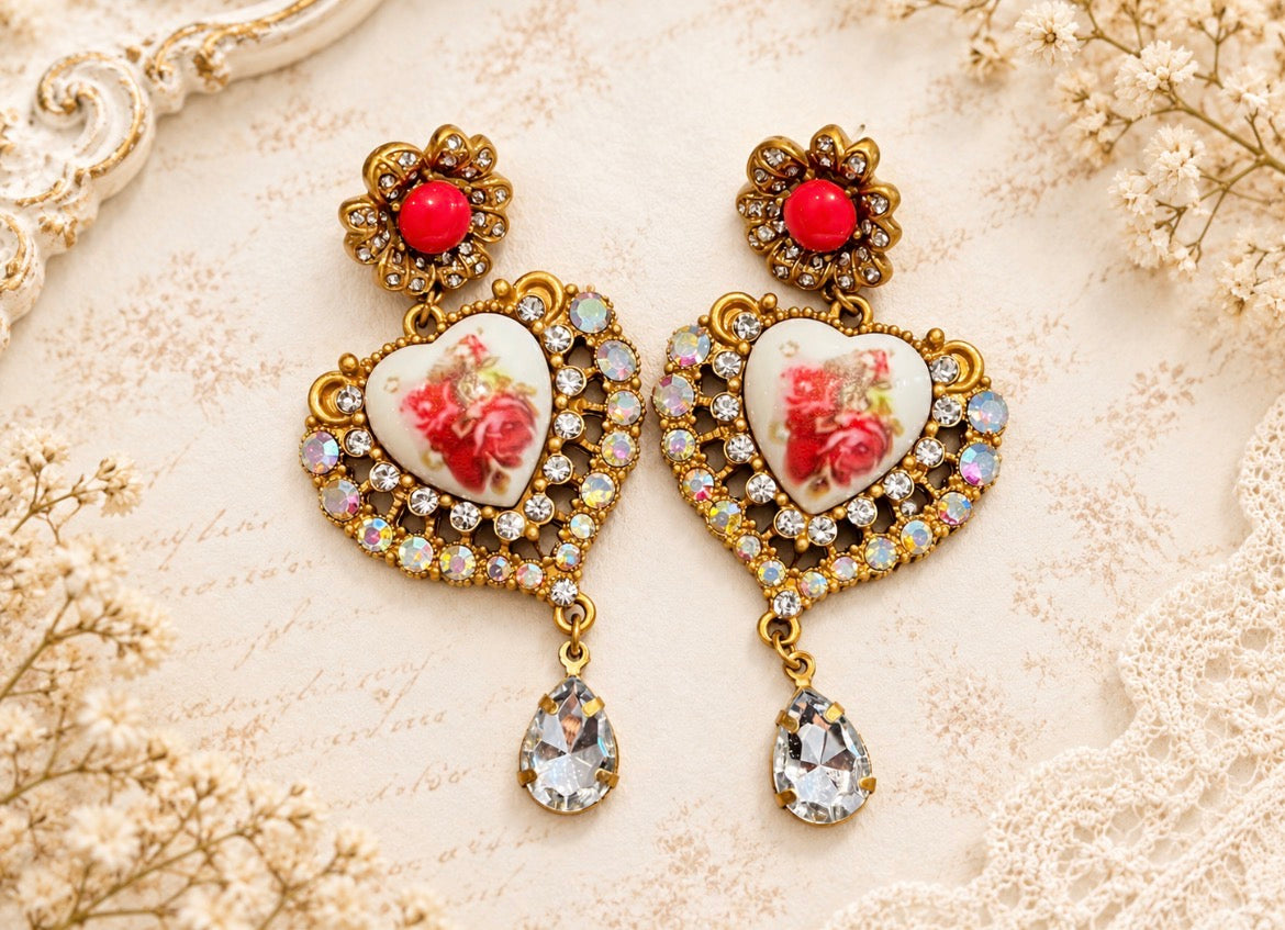 Vintage-Inspired Rose Heart Rhinestone Statement Drop Earrings