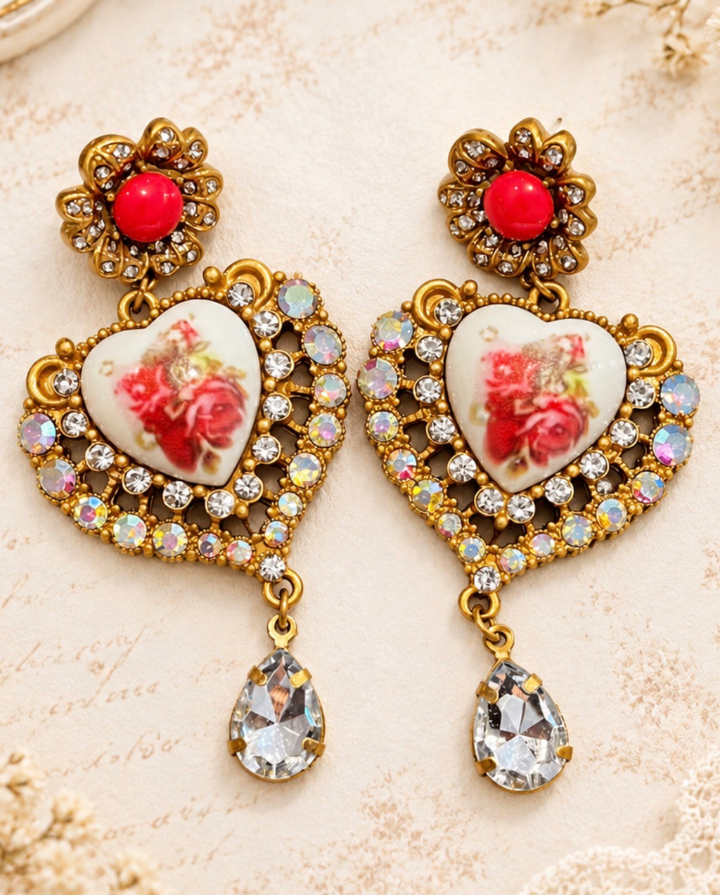Vintage-Inspired Rose Heart Rhinestone Statement Drop Earrings, view 2