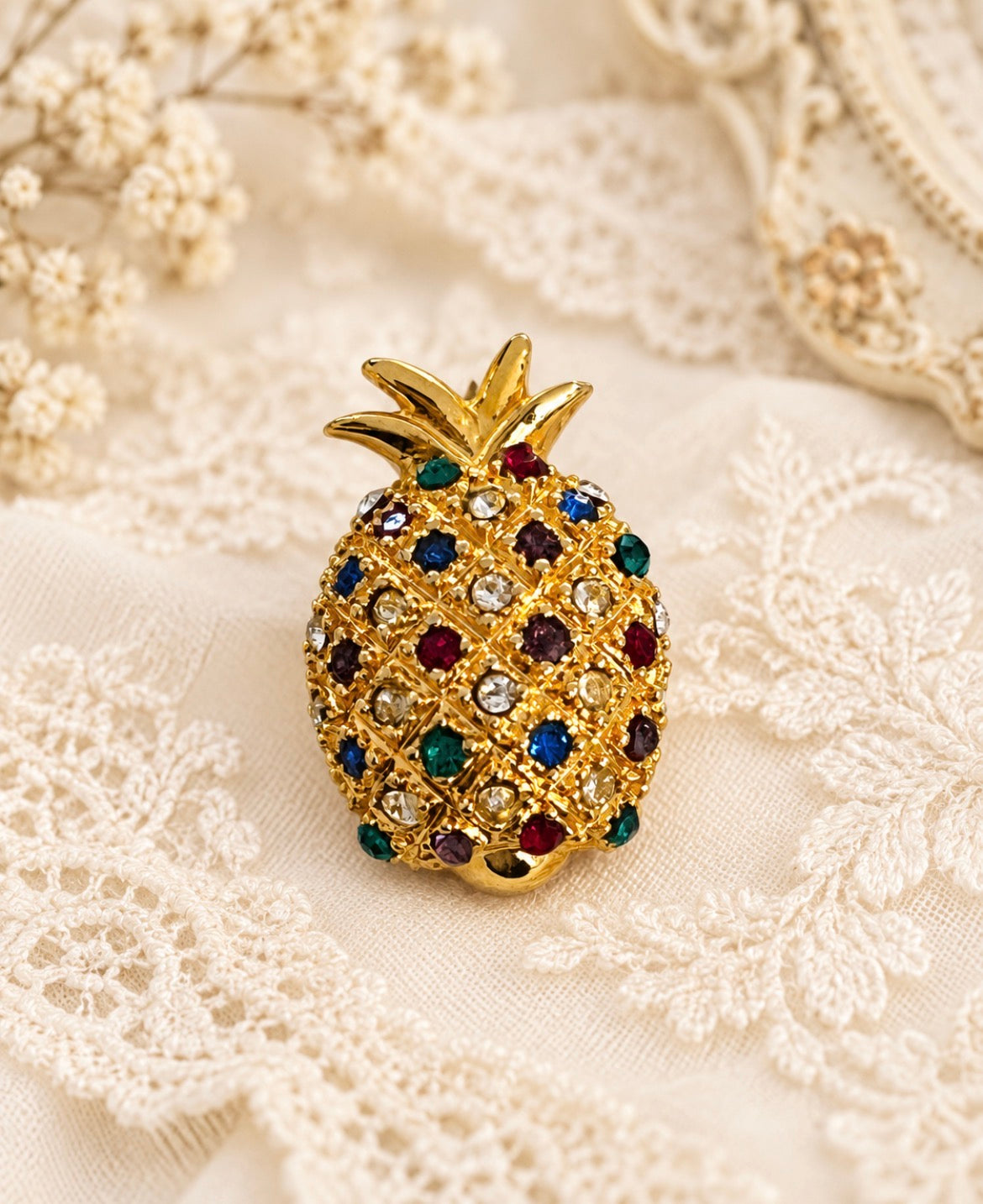 Vintage Gold-Tone Multicolour Rhinestone Pineapple Brooch