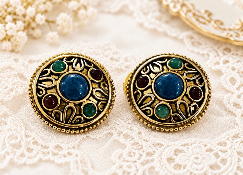 Vintage Vendôme Jeweled Cabochon Medallion Clip-On Earrings