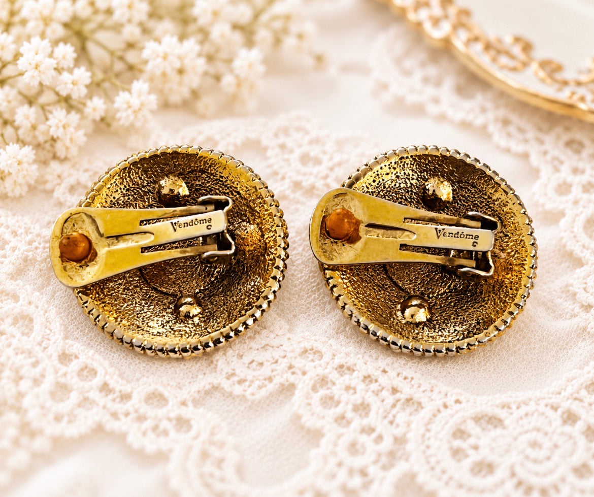 Vintage Vendôme Jeweled Cabochon Medallion Clip-On Earrings, view 2