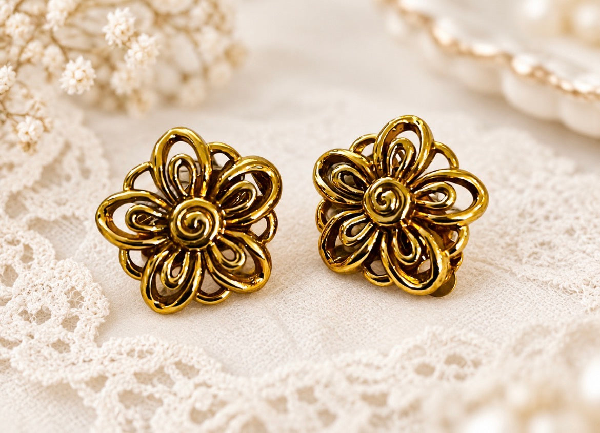 Vintage D'Orlan Gold-Tone Openwork Floral Clip-On Earrings