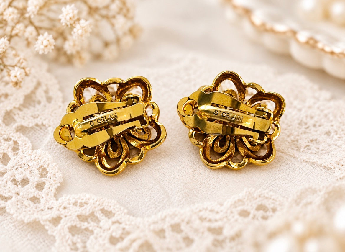 Vintage D'Orlan Gold-Tone Openwork Floral Clip-On Earrings, view 2