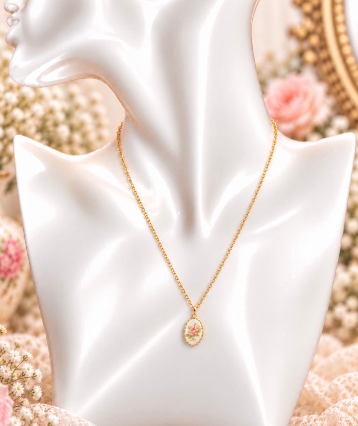 Vintage Petite Porcelain Rose Pendant Necklace