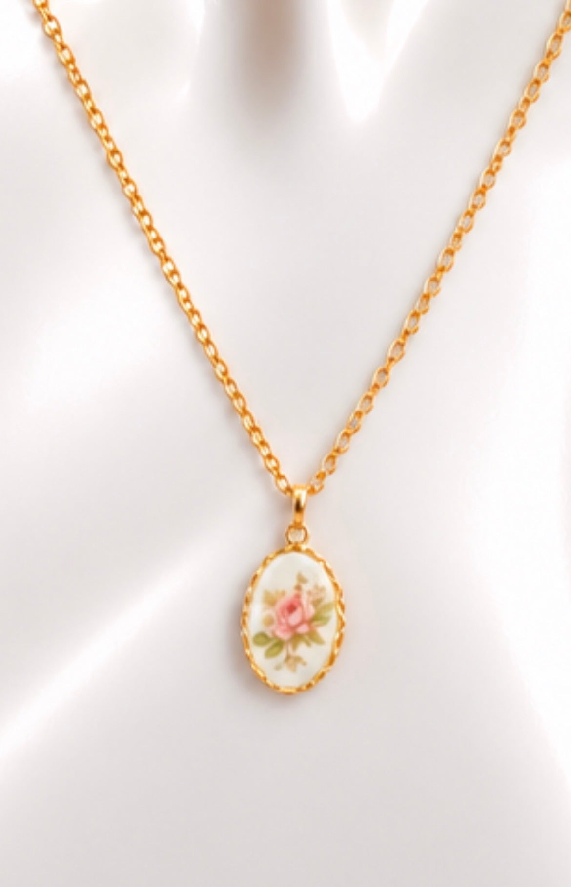 Vintage Petite Porcelain Rose Pendant Necklace, view 2