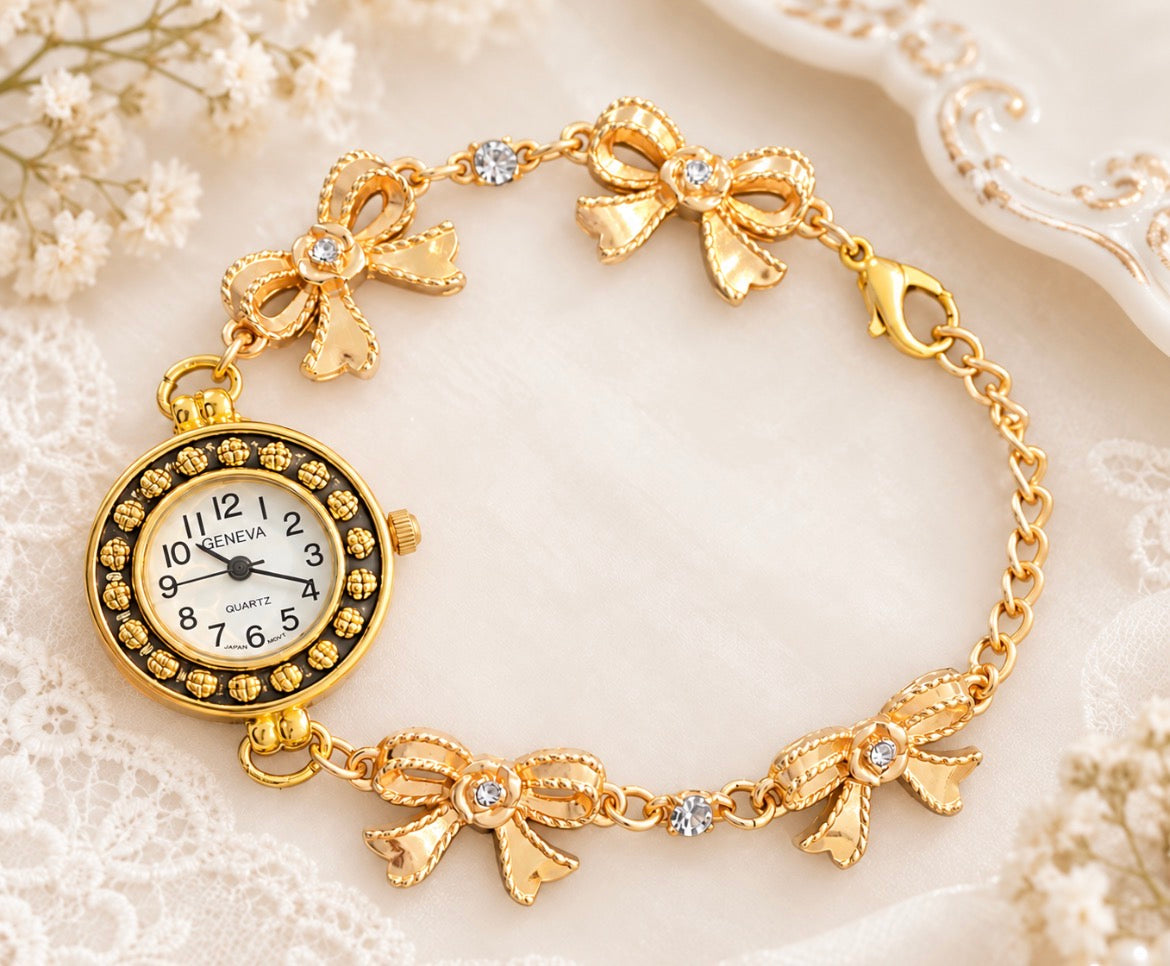 Vintage-Style Geneva Gold-Tone Bow Bracelet Watch with Rhinestones